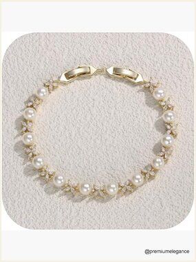 CZ Simulated Pearl Filigree Tennis Bracelet for Women Bridal Wedding